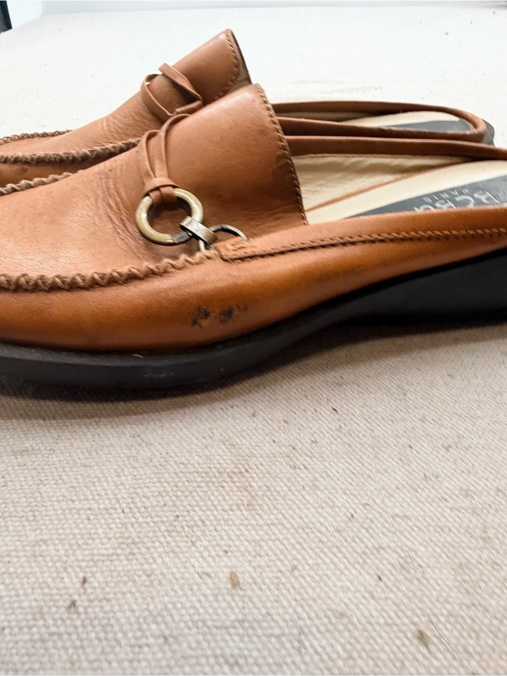 BCBG Paris Brown Leather Slip-On Loafers with Metal Bit